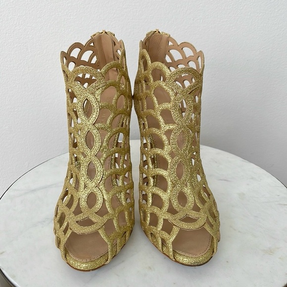 SERGIO ROSSI METALLIC GOLD LEATHER SCALLOP PEEP TOE CAGED BOOTIES 37.5 - Picture 2 of 5